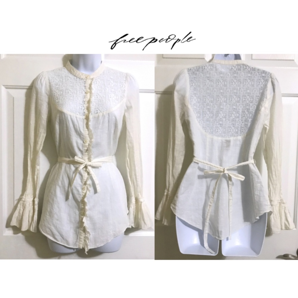 Free People Bell Sleeve Ruffle Button Down Blouse